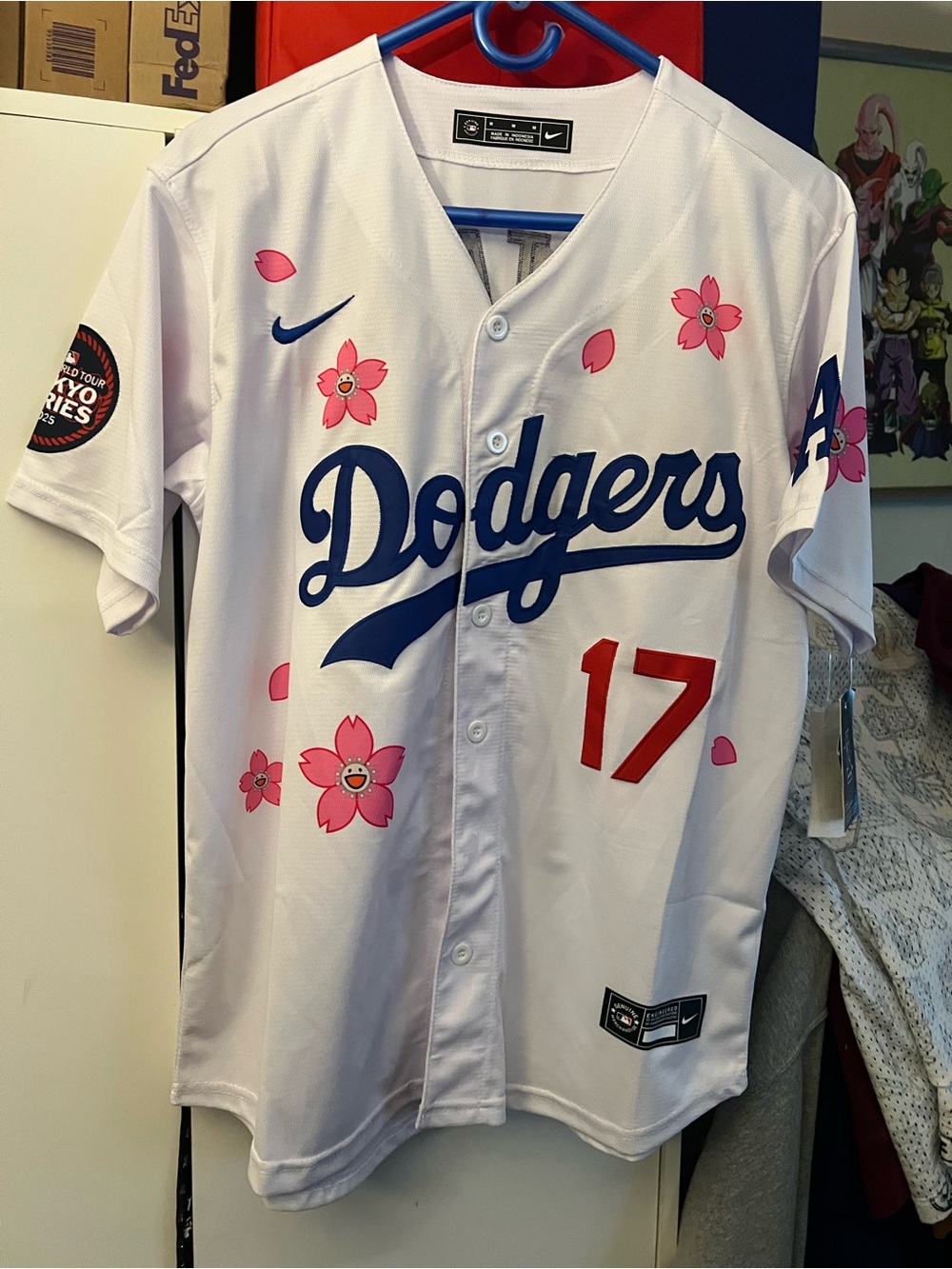 Nike White Dodgers Jersey with Blue Script and Pink Cherry Blossom Accents